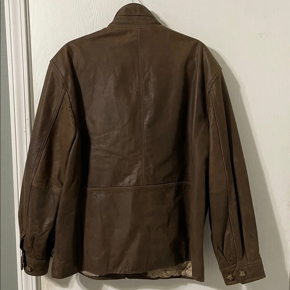 Jos. A. Bank Brown Leather Bomber Zip Up Jacket Map Lining Men’s Size Large